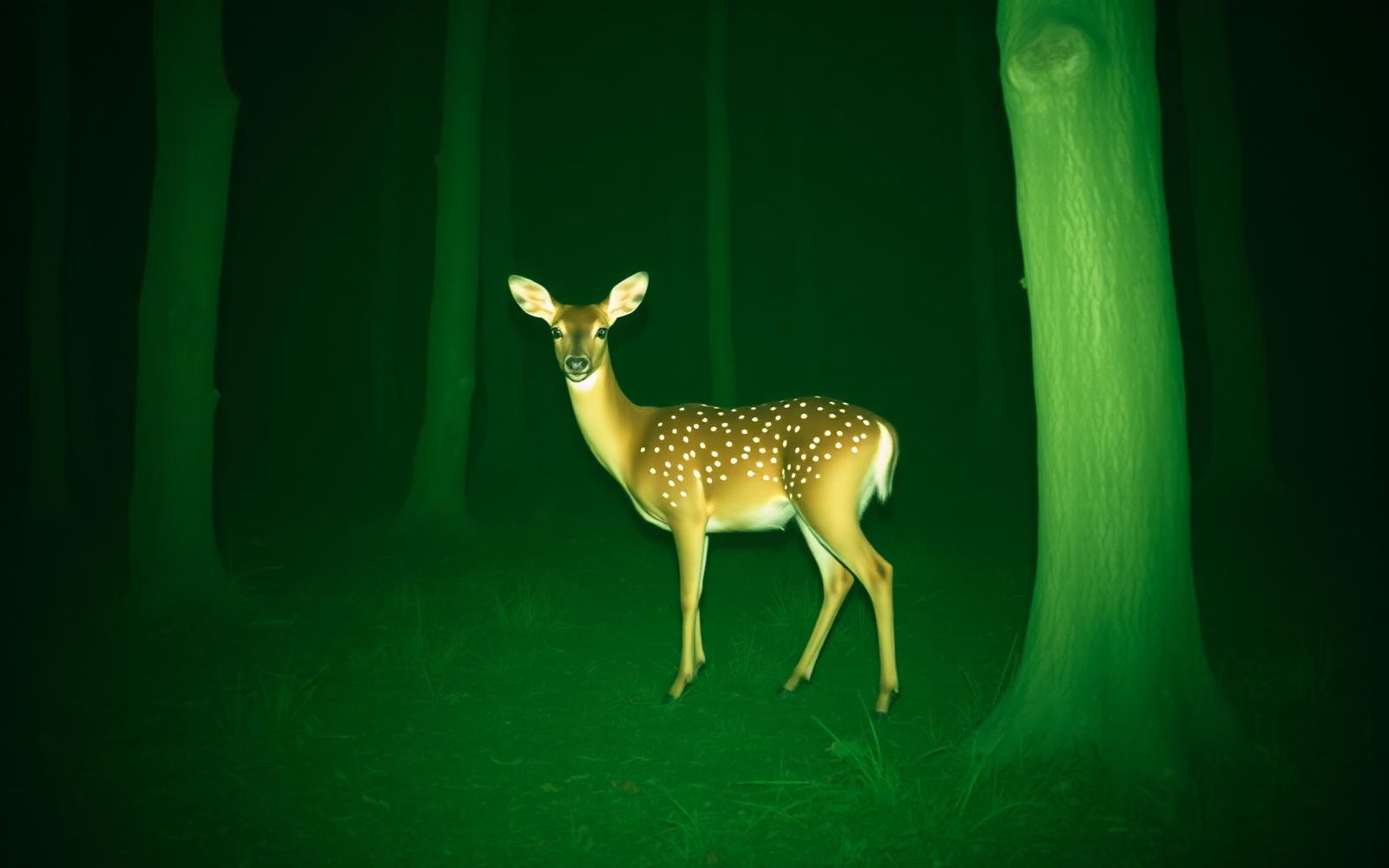Camera-trap photograph of a deer in a misty forest at night